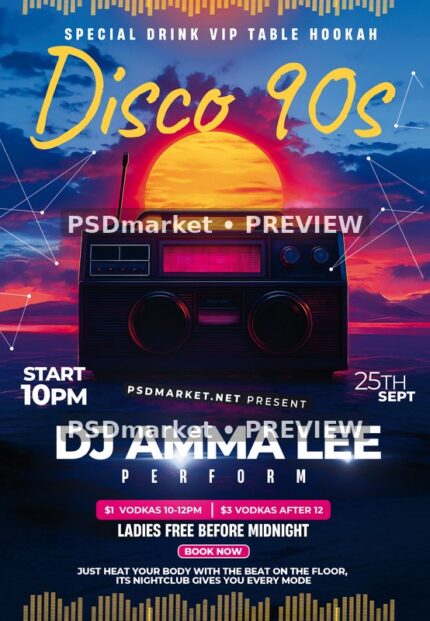 Sunset Boombox Disco 90s Flyer PSD Template — PSD template preview