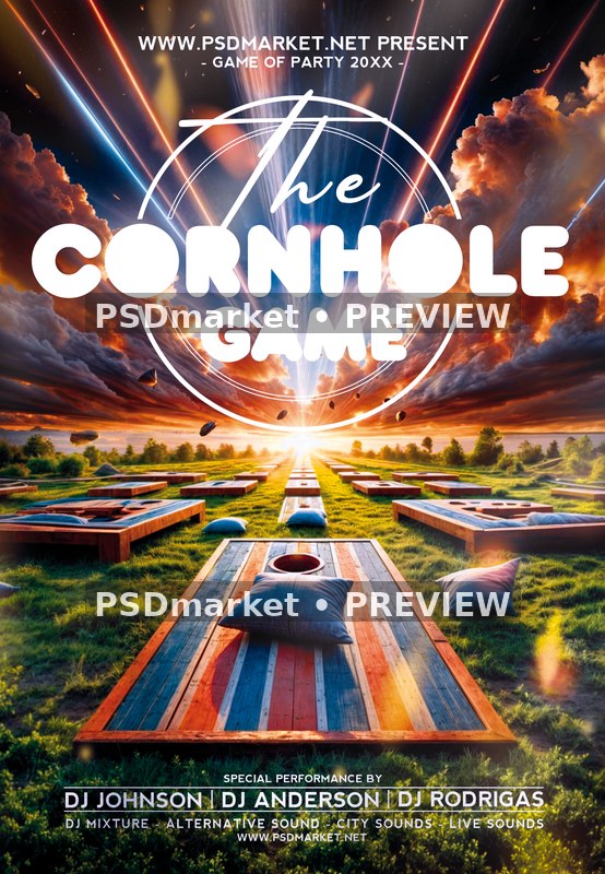 Sunset Cornhole Field with Light Trails Flyer PSD Template — PSD template preview