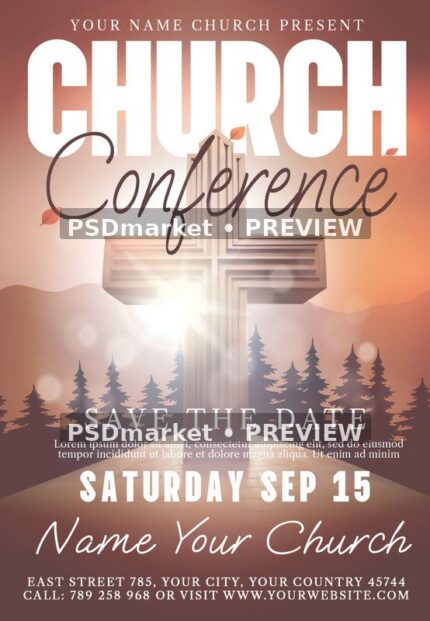 Sunset Cross Church Conference Flyer PSD Template — PSD template preview