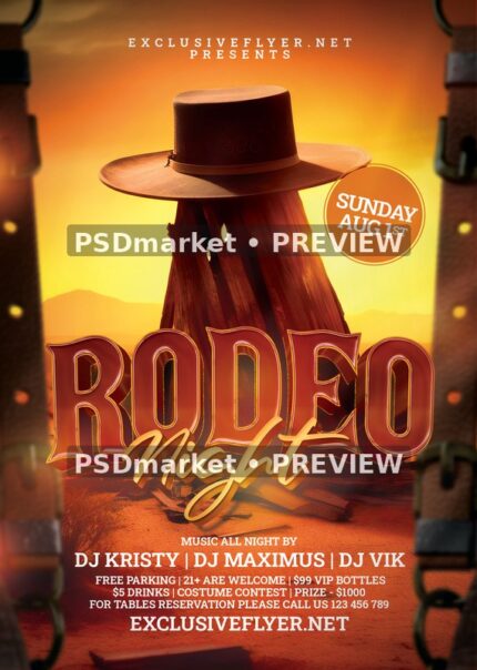 Sunset Hat on Stump Rodeo Night Flyer PSD Template — PSD template preview