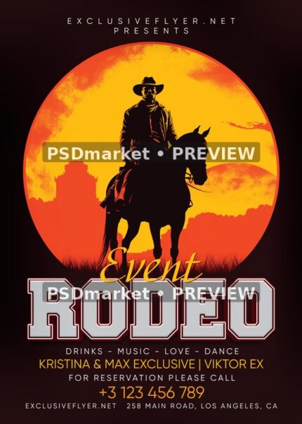 Sunset Horseback Cowboy Rodeo Event Flyer PSD Template — PSD template preview