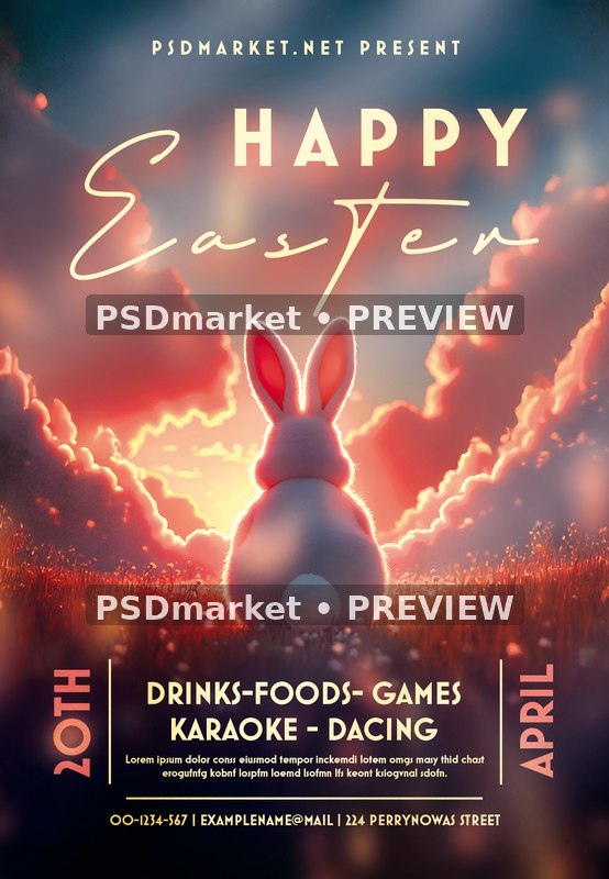 Sunset Meadow Bunny Happy Easter Flyer PSD Template — PSD template preview