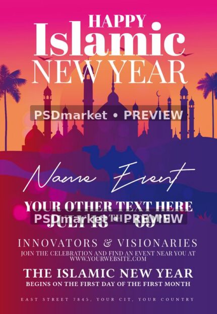 Happy Islamic New Year flyer with orange pink sunset, purple mosque silhouettes and white typography
