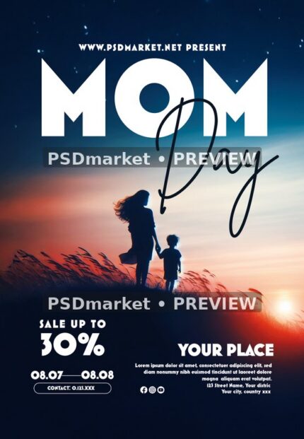 Sunset Mother and Child Mom Day Flyer PSD Template — PSD template preview