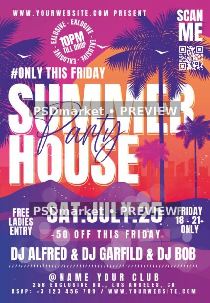 Sunset Summer House Party flyer with palm silhouettes, oversized white type and two horizontal preview watermarks