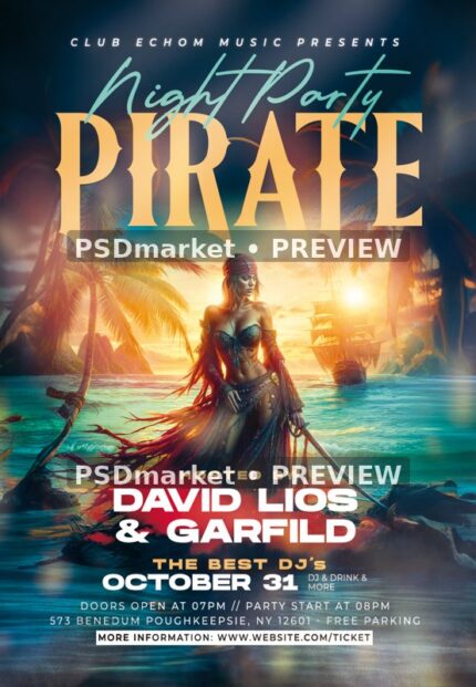Sunset Pirate Costume Halloween Night Flyer PSD Template — PSD template preview