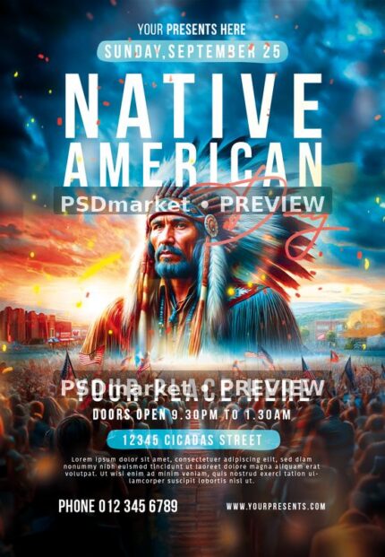 Native American Day event flyer with illustrated feathered portrait, sunset sky and outdoor crowd. Two horizontal PSDmarket preview watermarks.