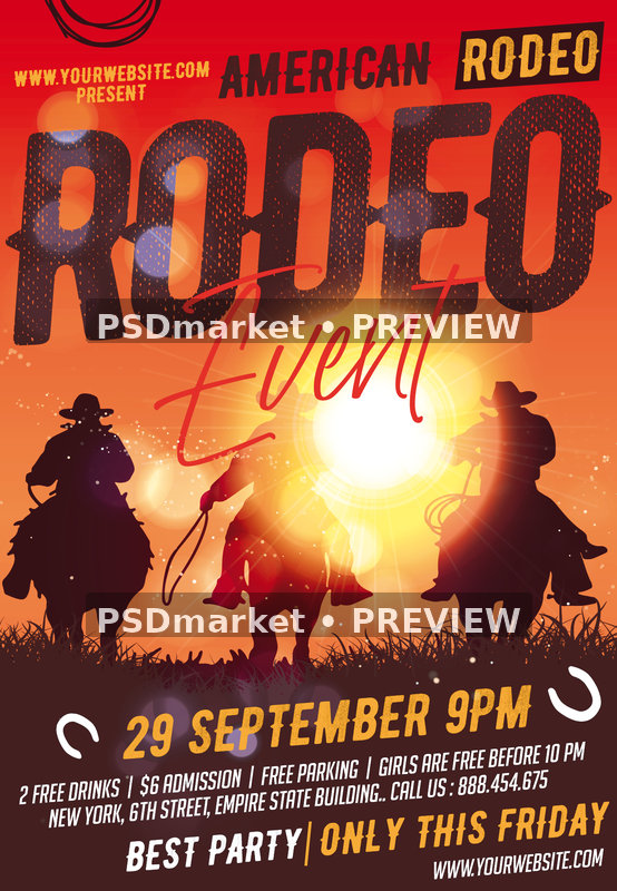 Orange sunset American Rodeo flyer with mounted cowboy silhouettes, distressed headline, horseshoes and red event script