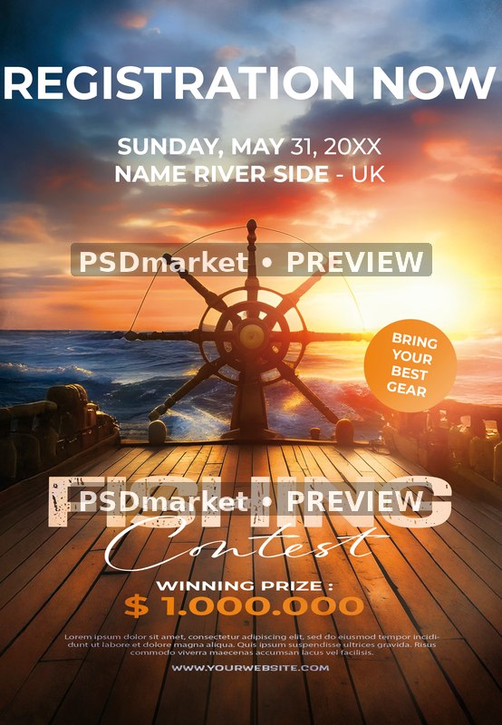 Sunset Ship Wheel Fishing Contest Flyer PSD Template — PSD template preview