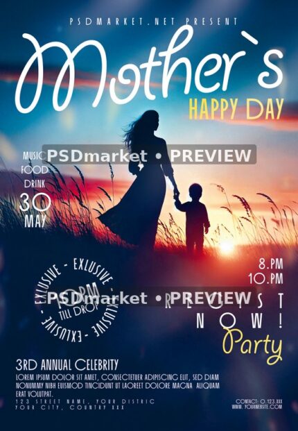 Sunset Silhouette Mother's Day Party Flyer PSD Template — PSD template preview