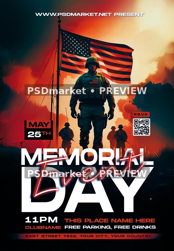 Sunset Soldier Formation Memorial Day Flyer PSD Template — PSD template preview