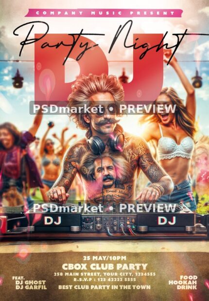 Sunset Tattooed DJ Party Night Flyer — reduced watermarked source artwork preview