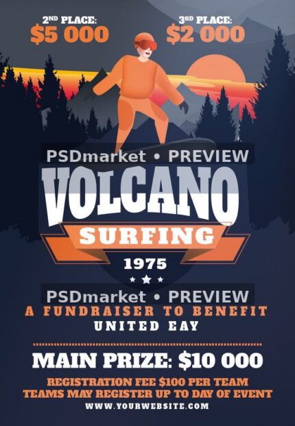 Sunset Volcano Surfing Flyer PSD Template — PSD template preview
