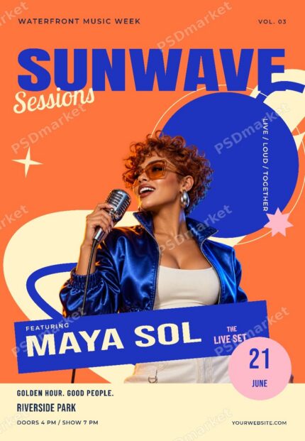 Orange and cobalt Sunwave Sessions summer music flyer with singer and PSDmarket watermark