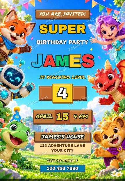 Colorful Super Birthday Adventure invitation with a fox, fairy, robot, dragon, dinosaur and lion framing editable party details.