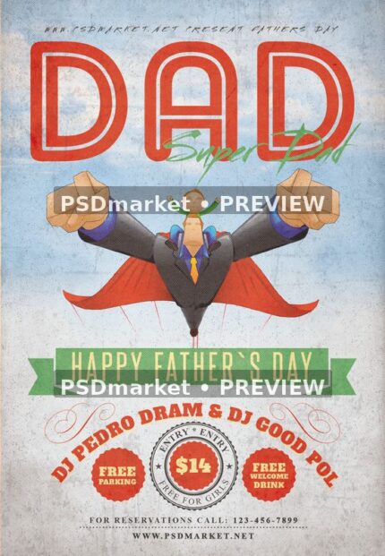 Super Dad Fathers Day Illustrated Flyer with two horizontal PSDmarket preview watermarks