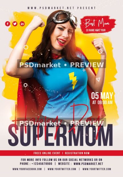 Super Mom Day flyer with a woman wearing a superhero-style shirt, red cape and goggles, plus two horizontal PSDmarket preview watermarks