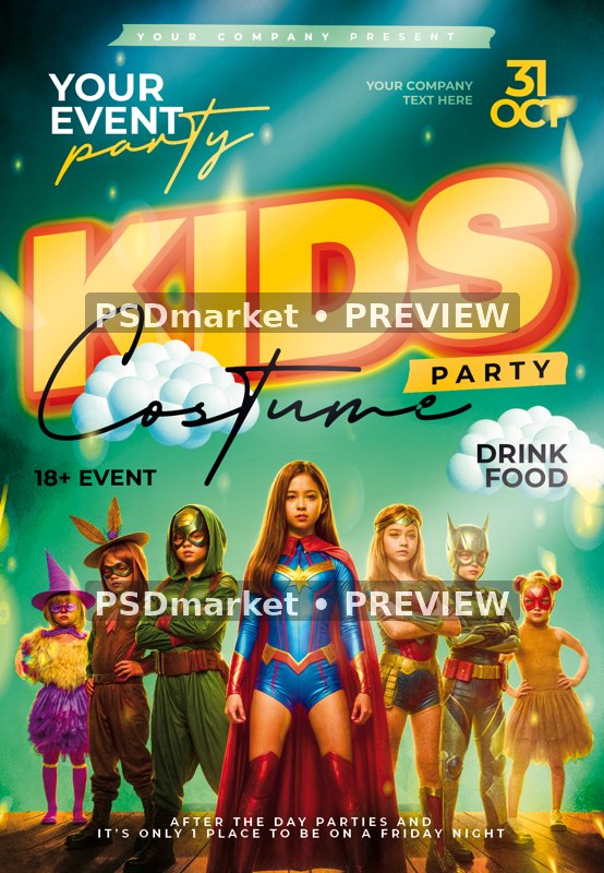 Superhero Kids Costume Halloween Party Flyer PSD Template — PSD template preview