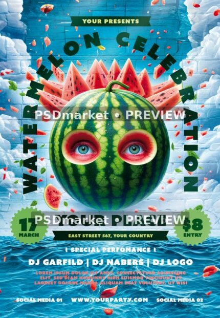 Surreal Watermelon Eyes Celebration Flyer PSD Template — PSD template preview