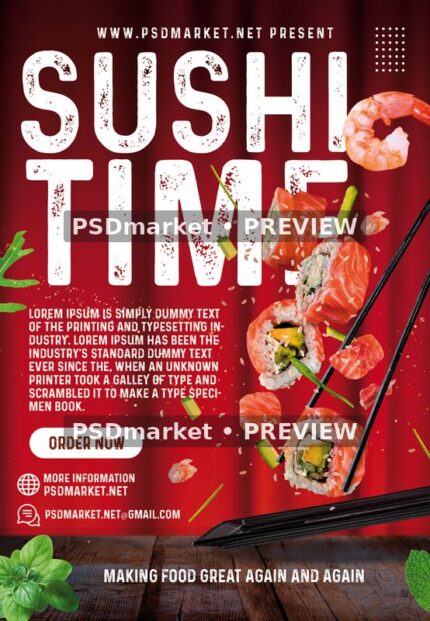 Red Sushi Time restaurant flyer with distressed white headline, flying sushi ingredients, dark chopsticks and ordering details
