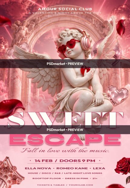 Sweet Escape pink Valentine club flyer with a marble Cupid, heart sunglasses, headphones, roses and two horizontal PSDmarket preview bands