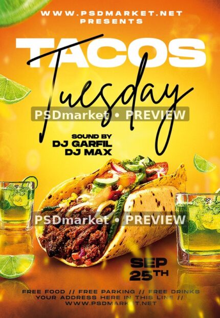 Taco and Lime Tuesday Party Flyer PSD Template — PSD template preview