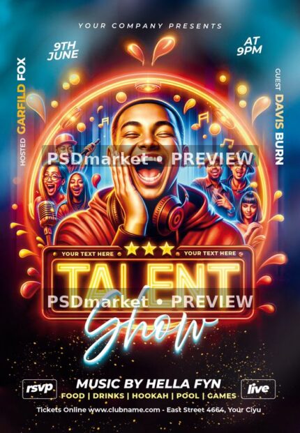 Talent Show flyer with illustrated performers, glowing orange ring, musical notes and large neon-style sign.