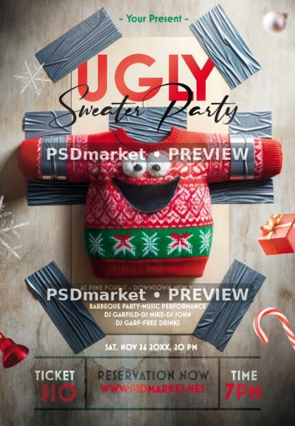 Taped Smiling Ugly Sweater Party Flyer PSD Template — reduced watermarked source artwork preview
