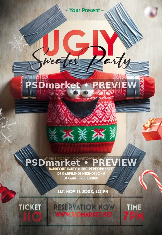 Taped Smiling Ugly Sweater Party Flyer PSD Template — reduced watermarked source artwork preview