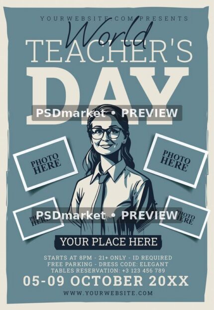 Blue and cream Teachers Day flyer with an illustrated teacher, four PHOTO HERE frames and large title lettering