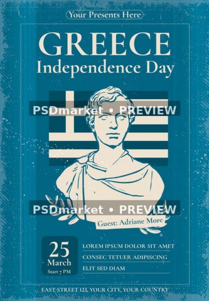 Teal Greece Independence Day flyer with cream classical bust, Greek flag stripes and laurel branches