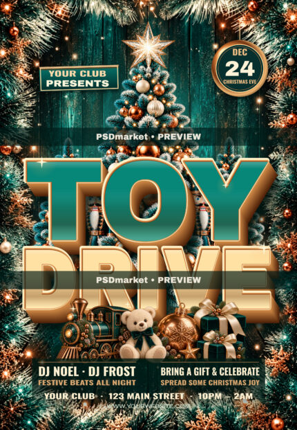 Teal Copper Christmas Toy Drive Flyer PSD Template — PSD template preview