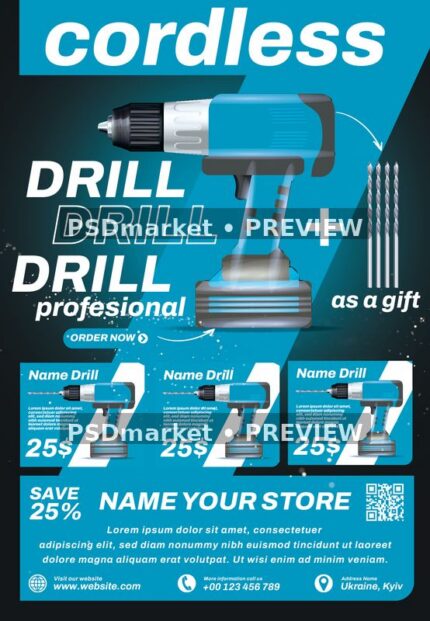 Teal hardware sale flyer with large cordless drill, three product cards and white typography, displayed with two horizontal preview watermarks