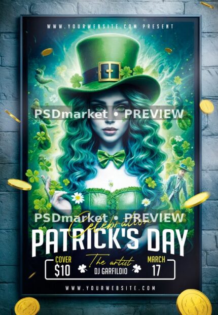 Teal Hair Leprechaun Portrait Flyer PSD Template — PSD template preview