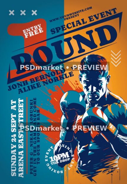 Teal and orange boxing flyer with illustrated fighter and diagonal Round One heading, shown with two horizontal preview watermarks