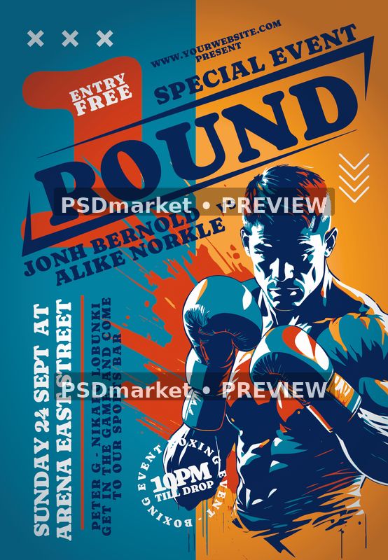 Teal Orange Boxing Round One Flyer PSD Template — PSD template preview