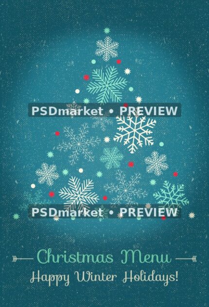 Teal Snowflake Tree Christmas Menu PSD Template — reduced watermarked source artwork preview