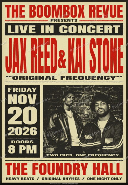 The Boombox Revue Vintage Hip-Hop Concert Flyer PSD Template — PSD template preview