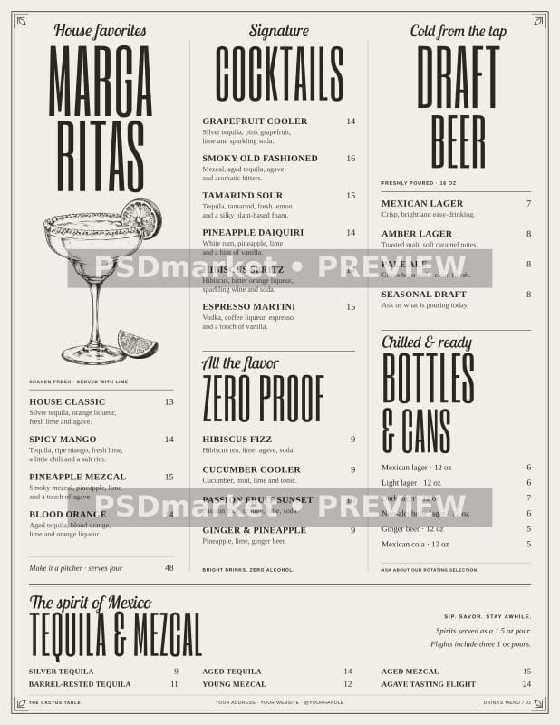 The Cactus Table Two-Sided Mexican Restaurant Menu PSD & SVG Template — PSD template preview 2