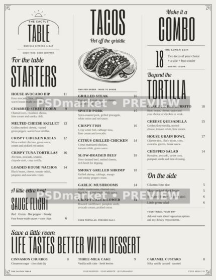 The Cactus Table food menu front with vintage typography and taco engraving, PSD and SVG template preview
