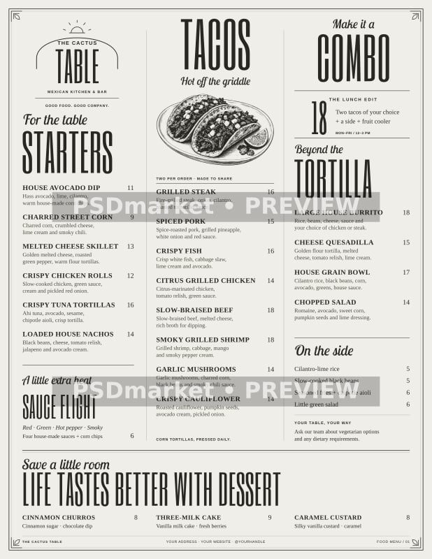 The Cactus Table Two-Sided Mexican Restaurant Menu PSD & SVG Template — PSD template preview