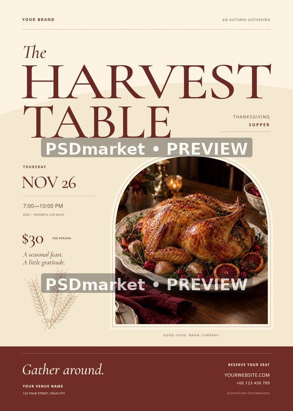 The Harvest Table Thanksgiving Dinner Flyer PSD Template — PSD template preview