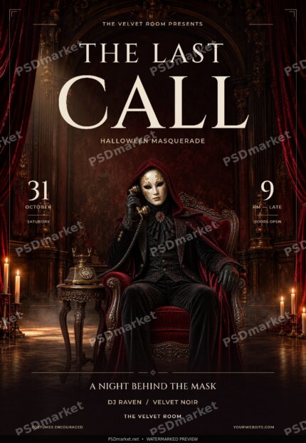 The Last Call Halloween Masquerade Flyer PSD Template — protected PSDmarket preview
