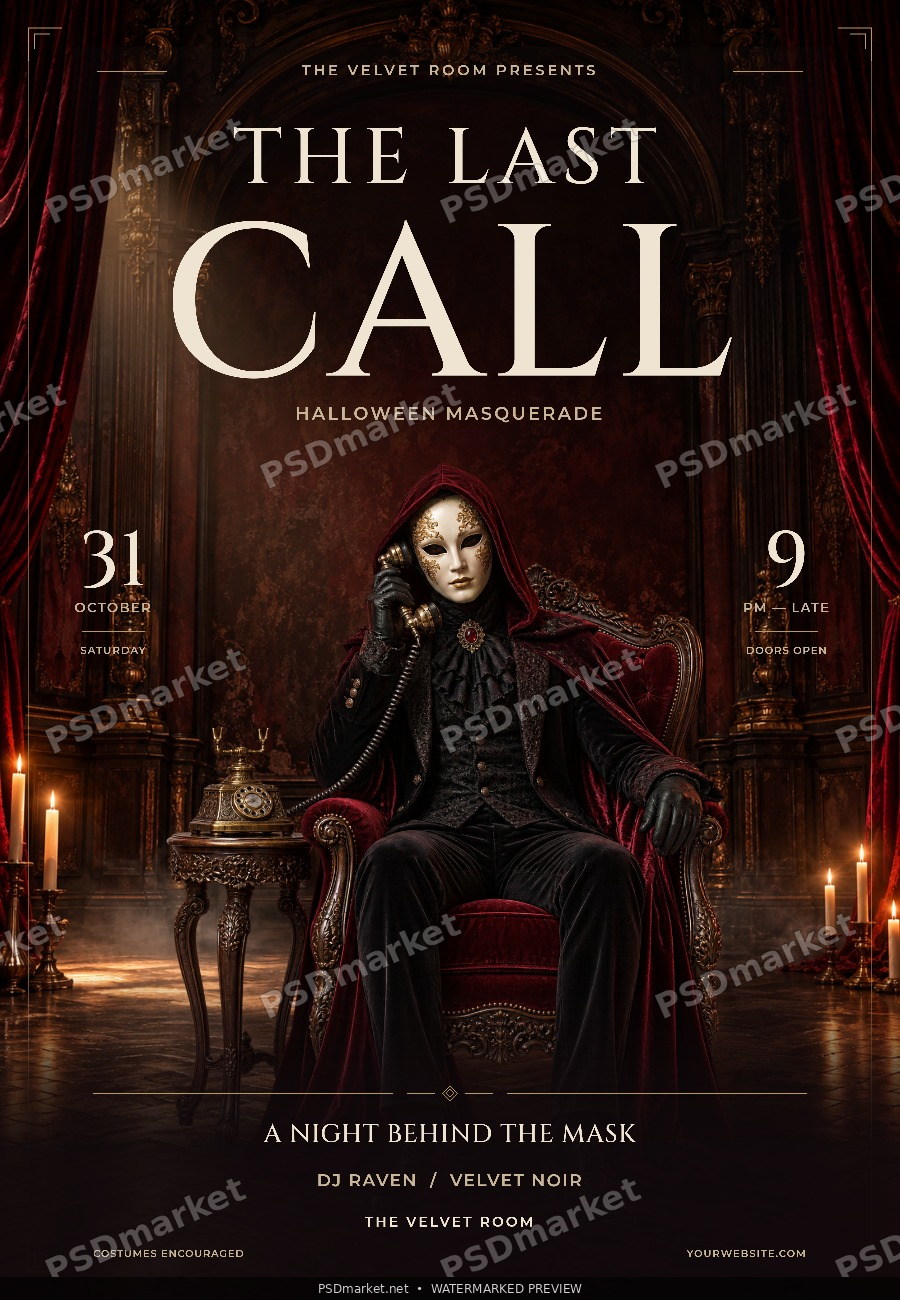 The Last Call Halloween Masquerade Flyer PSD Template — PSD template preview