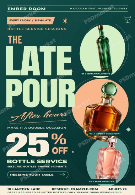 The Late Pour editable PSD flyer with PSDmarket preview watermark