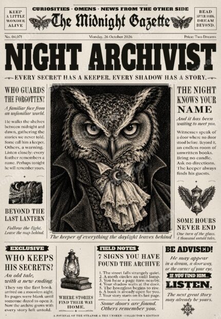 The Night Archivist vintage gothic newspaper design with owl portrait and PSDmarket preview watermark