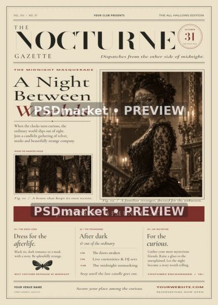 The Nocturne Gazette vintage newspaper Halloween ball flyer with masked guest and haunted manor; reduced watermarked PSD preview
