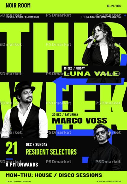 This Week Noir Room neon lime and blue weekly club flyer with three fictional performers, PSDmarket watermarked preview