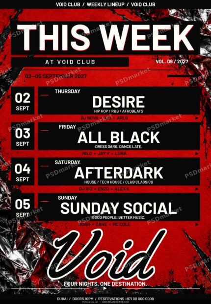 Weekly underground club lineup with bold THIS WEEK lettering, red screenprint texture, silver foil accents, four black event panels and a large Void script signature; watermarked preview