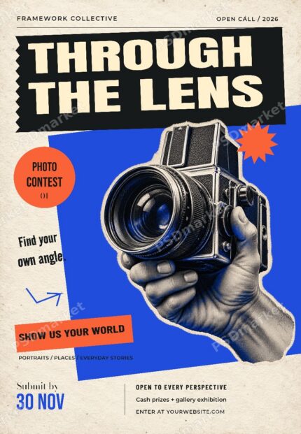 Through the Lens photo contest flyer with vintage camera, blue collage and PSDmarket watermark
